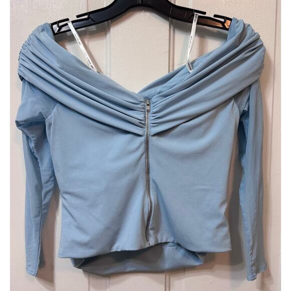 Self Portrait Blue Off The Shoulder Cold Shoulder Sheer Sleeve Top Size 6 - Picture 4 of 10